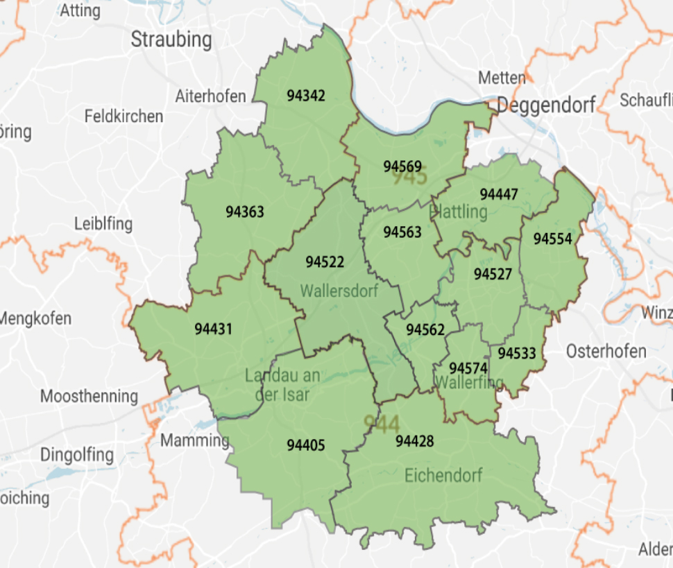 Postleitzahlen (PLZ) kostenloser Lieferservice Niederbayern